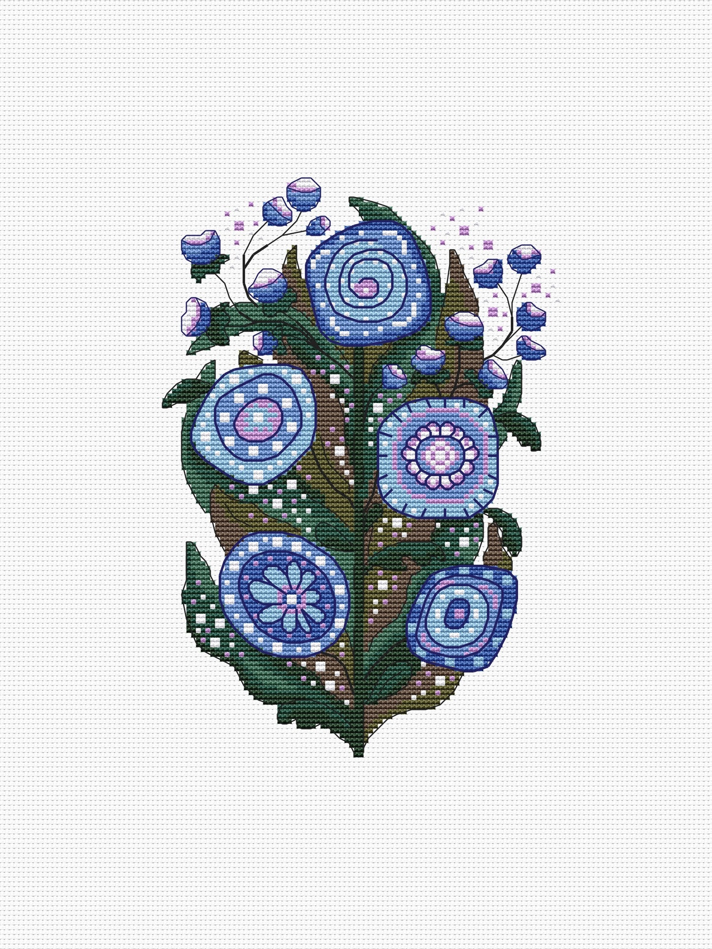 blue folk flowers cross stitch pattern