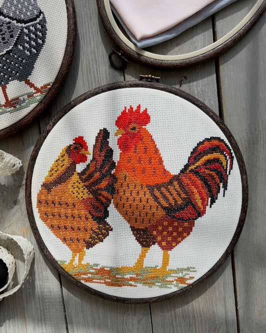 Brown Rooster and Hen - cross stitch pattern