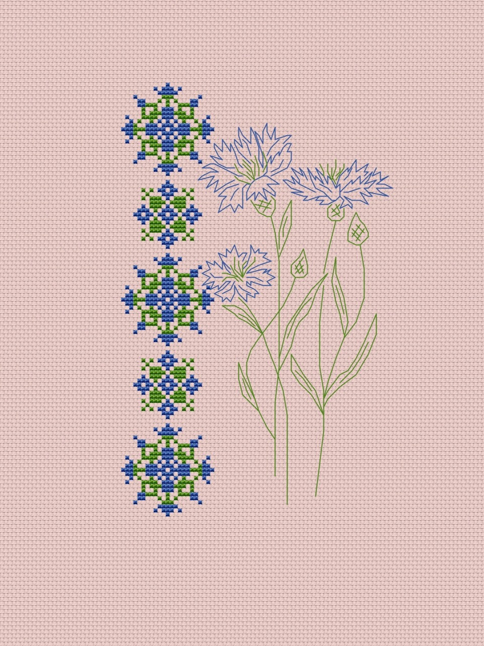 Cornflowers ornament primitive folk cross stitch pattern