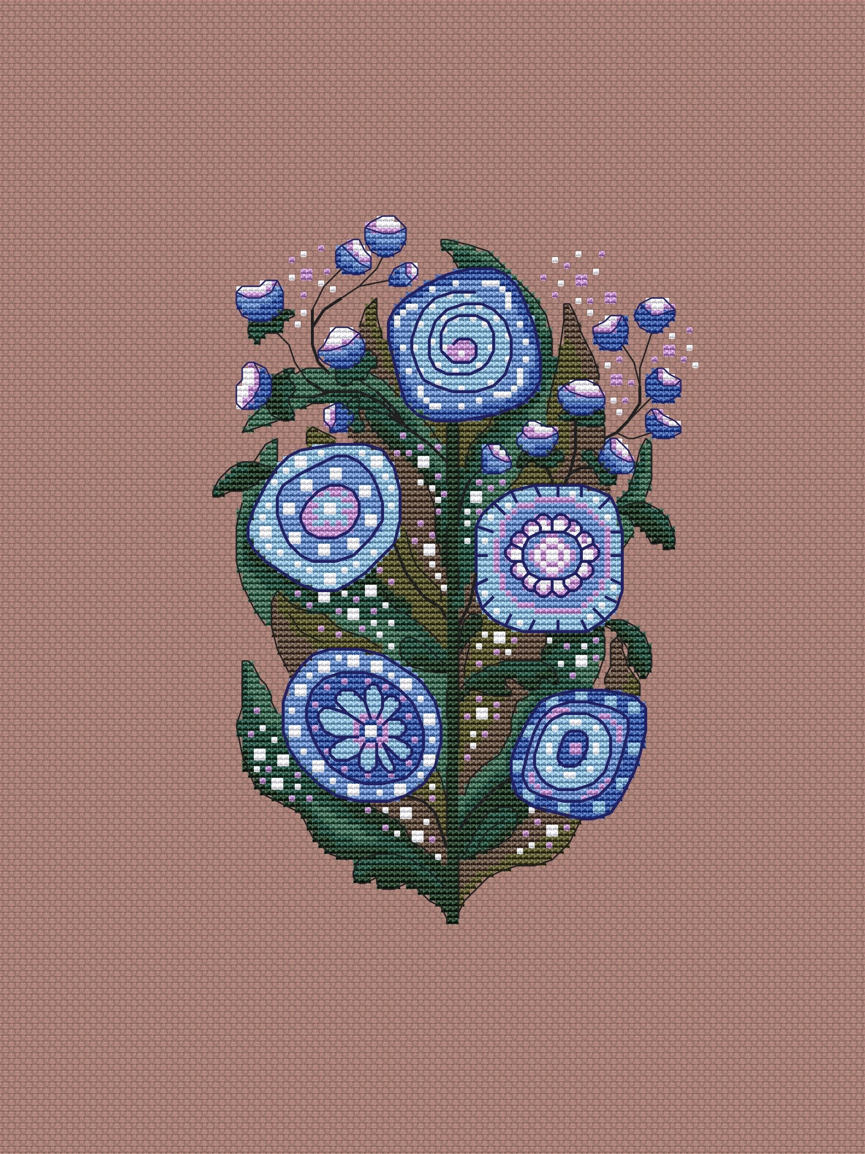 blue folk flowers cross stitch pattern-3