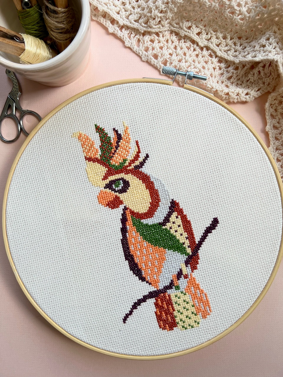 cockatoo primitive folk cross stitch pattern