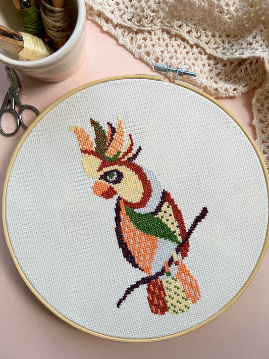 cockatoo primitive folk cross stitch pattern