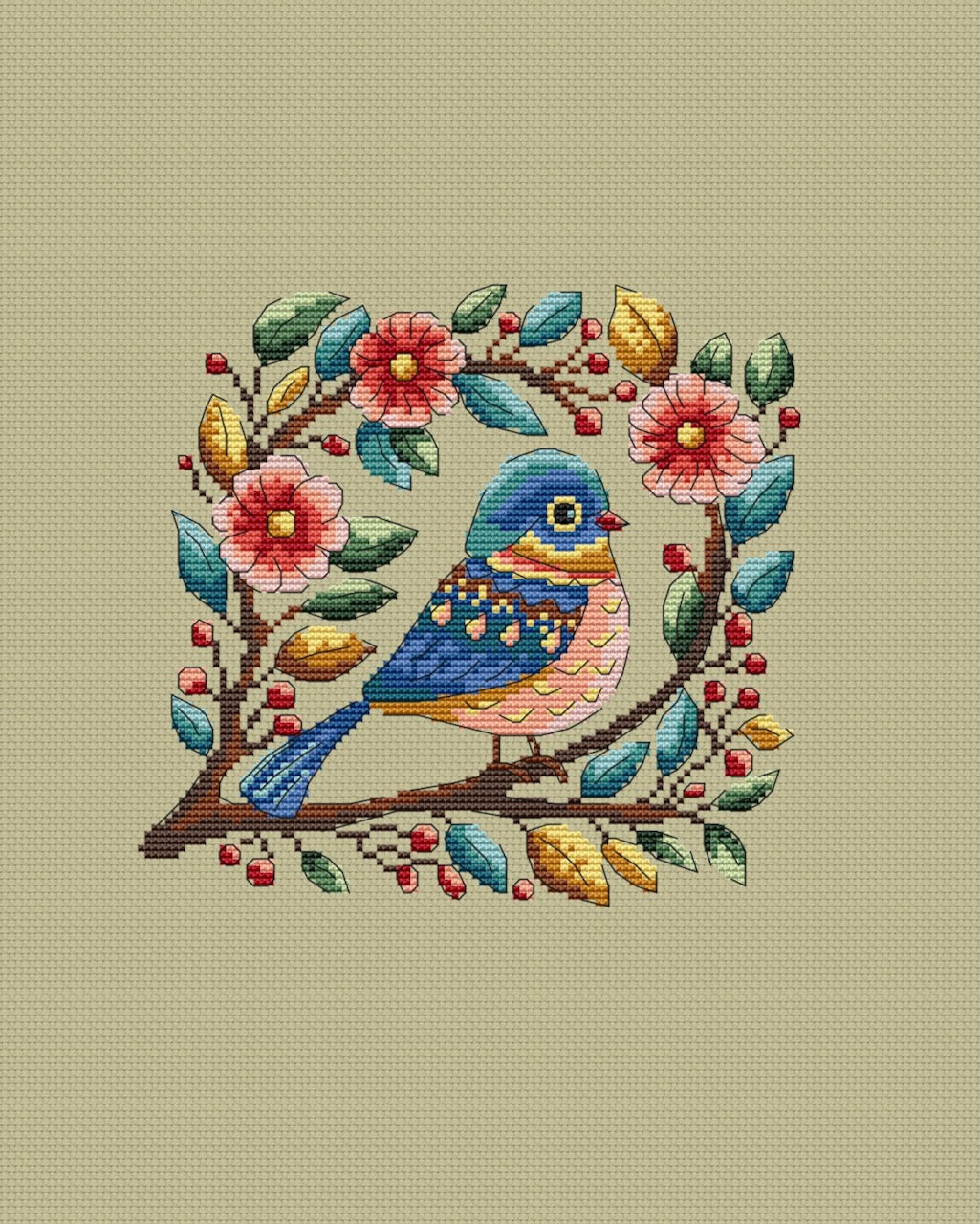 blue bird with flowers cross stitch pattern