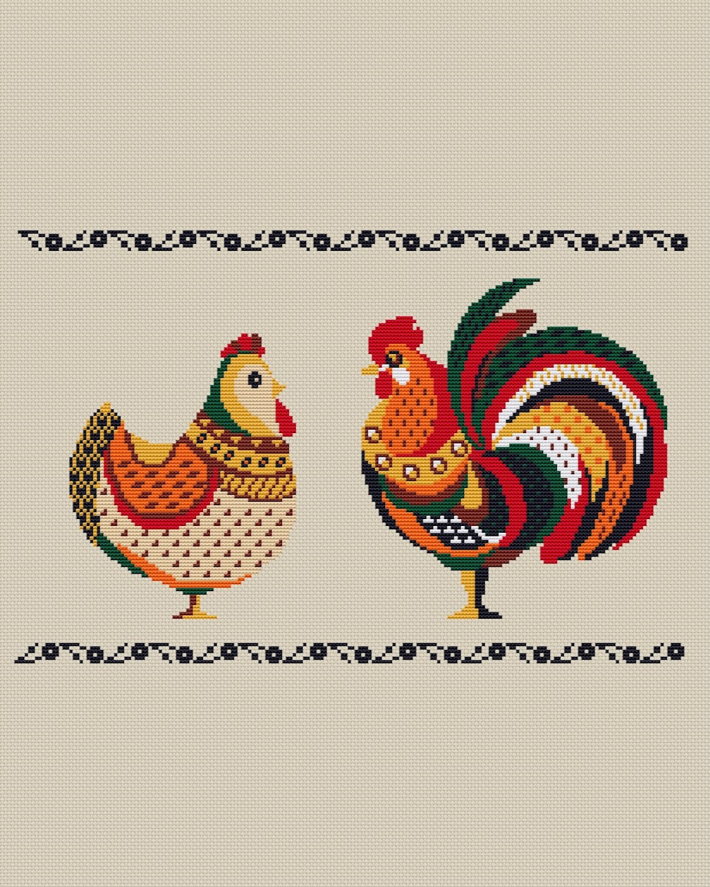rooster and hen primitive cross stitch pattern