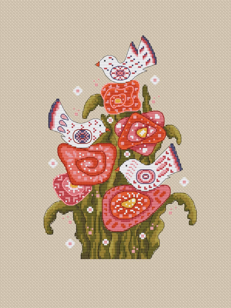 Folk primitive flowers cross stitch pattern