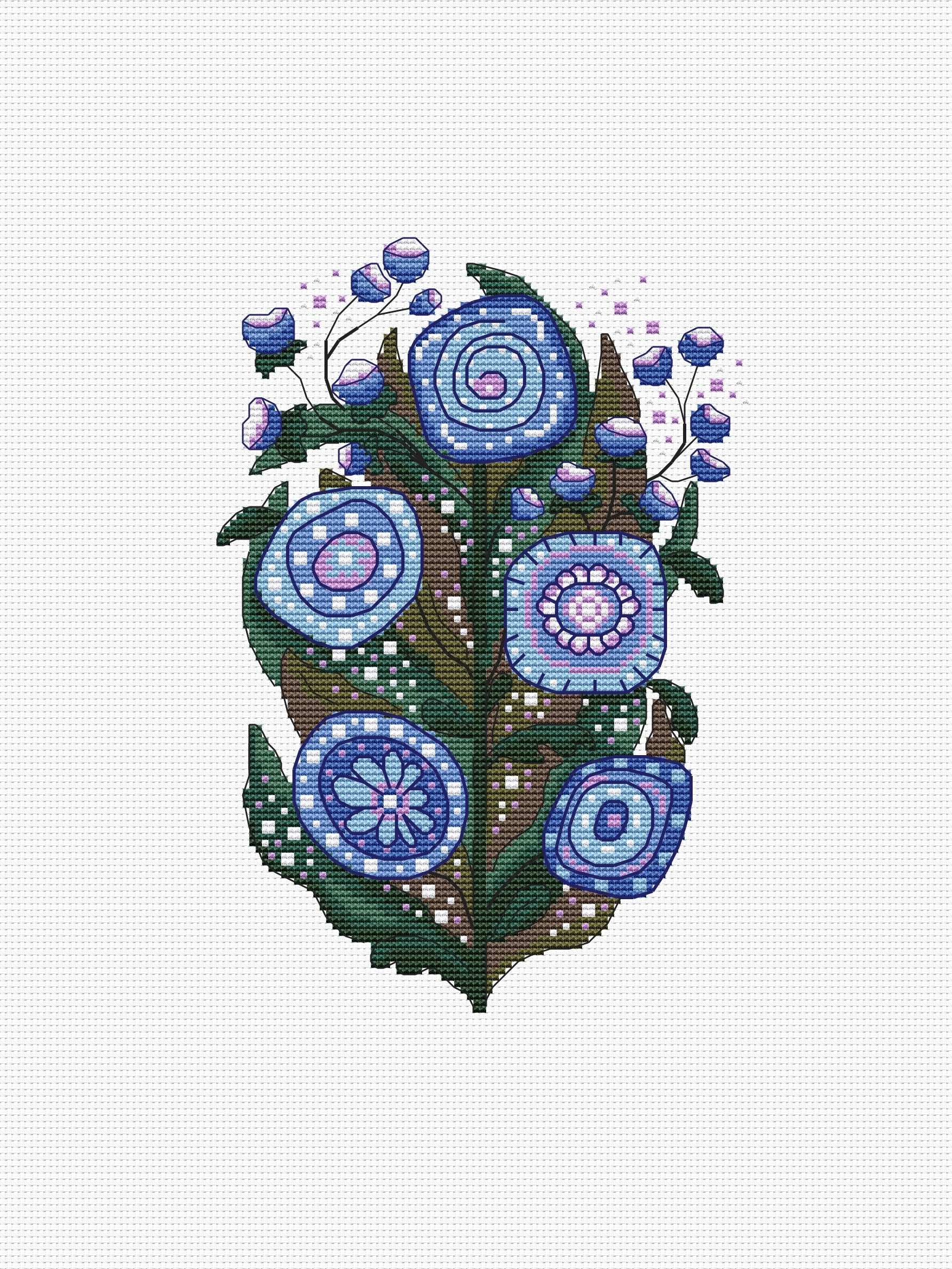 blue folk flowers cross stitch pattern