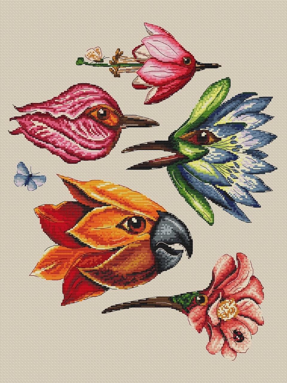 Collage of Magic Bird-flowers - cross stitch pattern