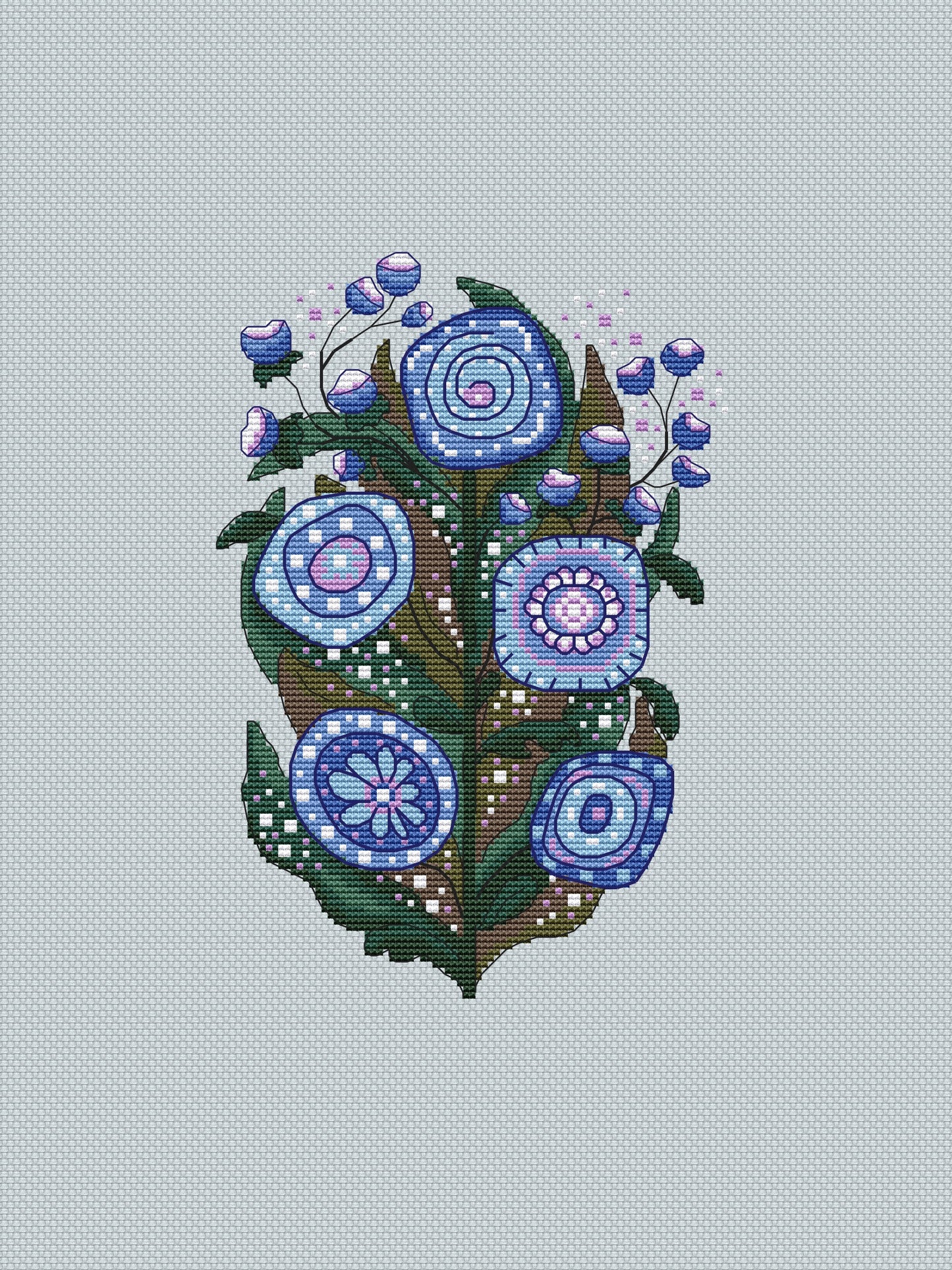 blue folk flowers cross stitch pattern-4