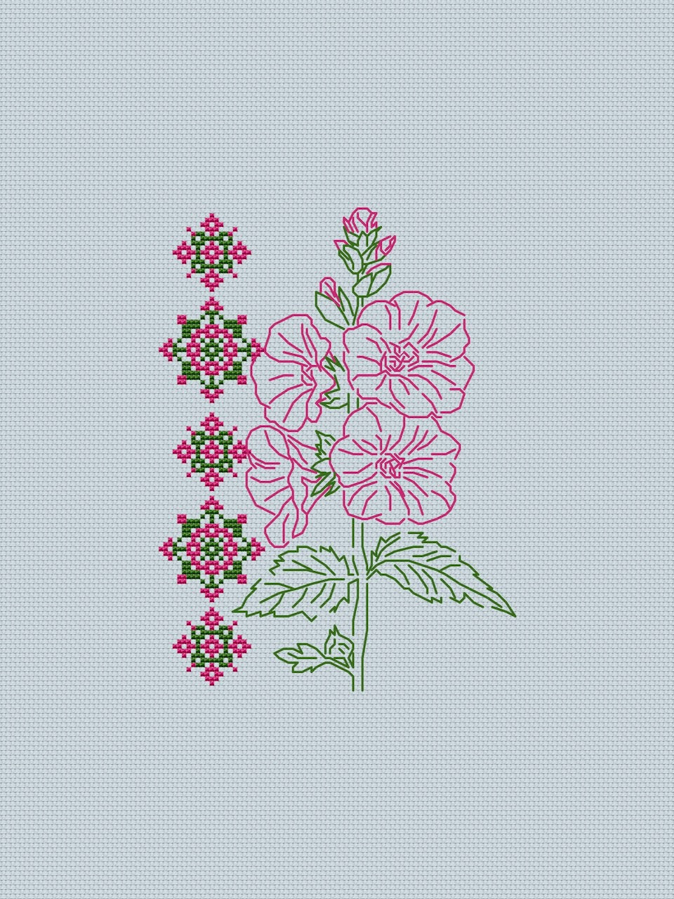 Hollyhocks  cross stitch pattern pink flowers
