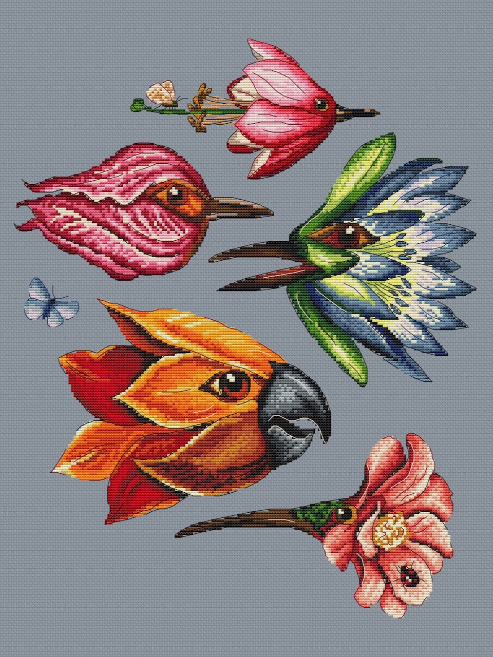 Collage of Magic Bird-flowers - cross stitch pattern