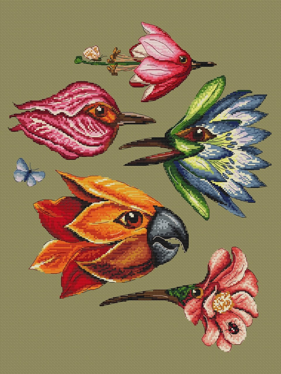 Collage of Magic Bird-flowers - cross stitch pattern