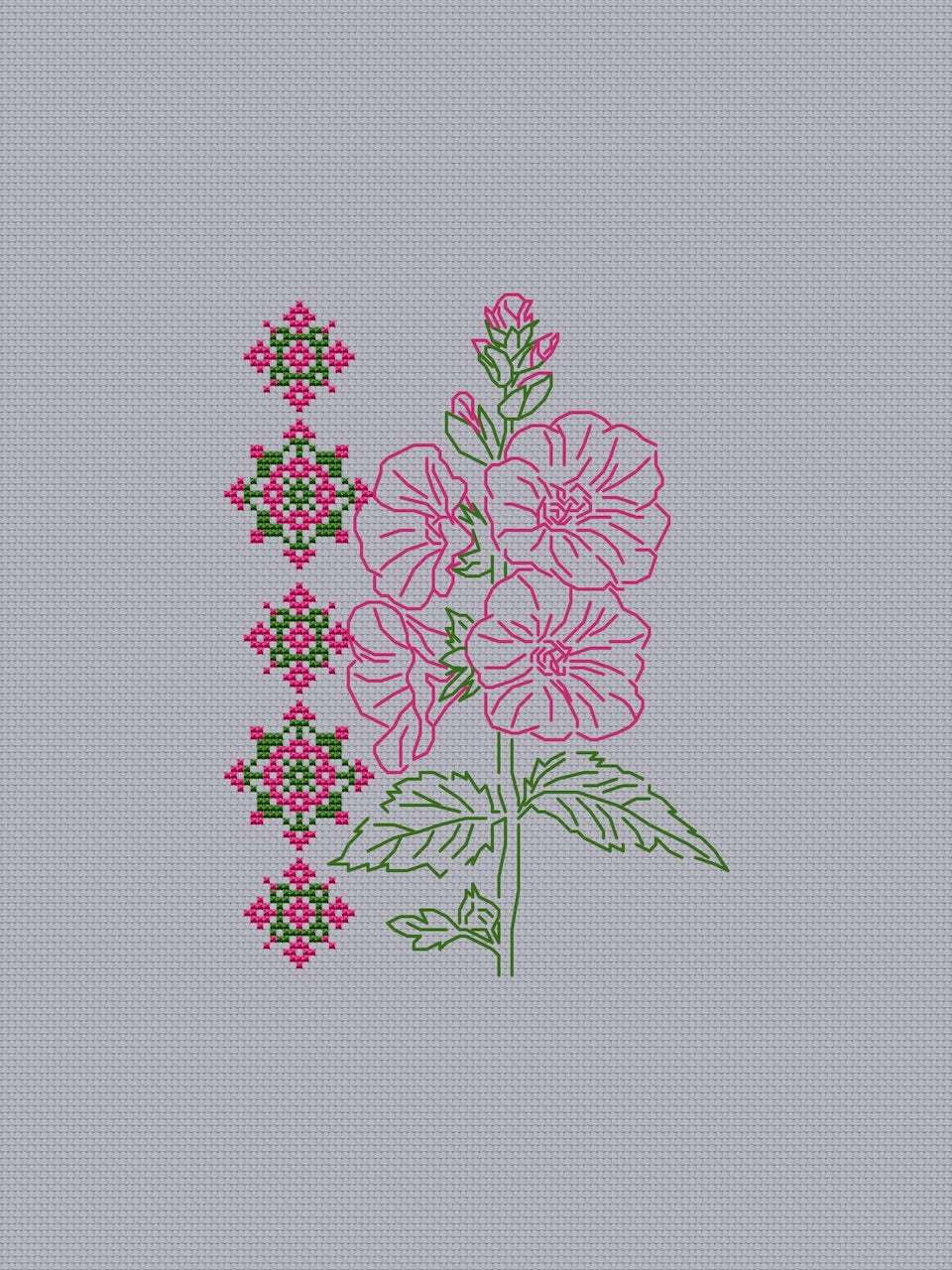 Hollyhocks cross stitch pattern ornament