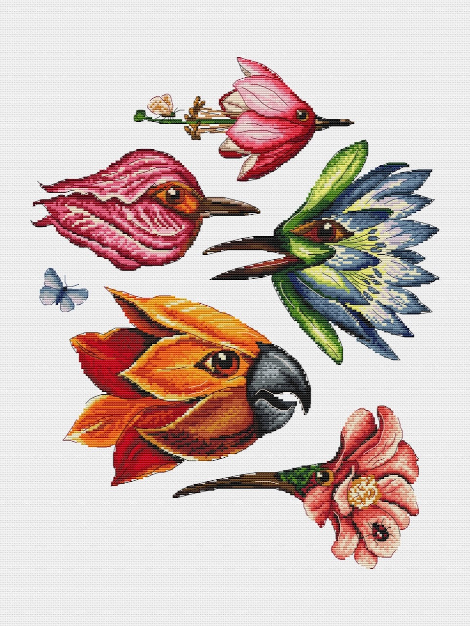 Collage of Magic Bird-flowers - cross stitch pattern