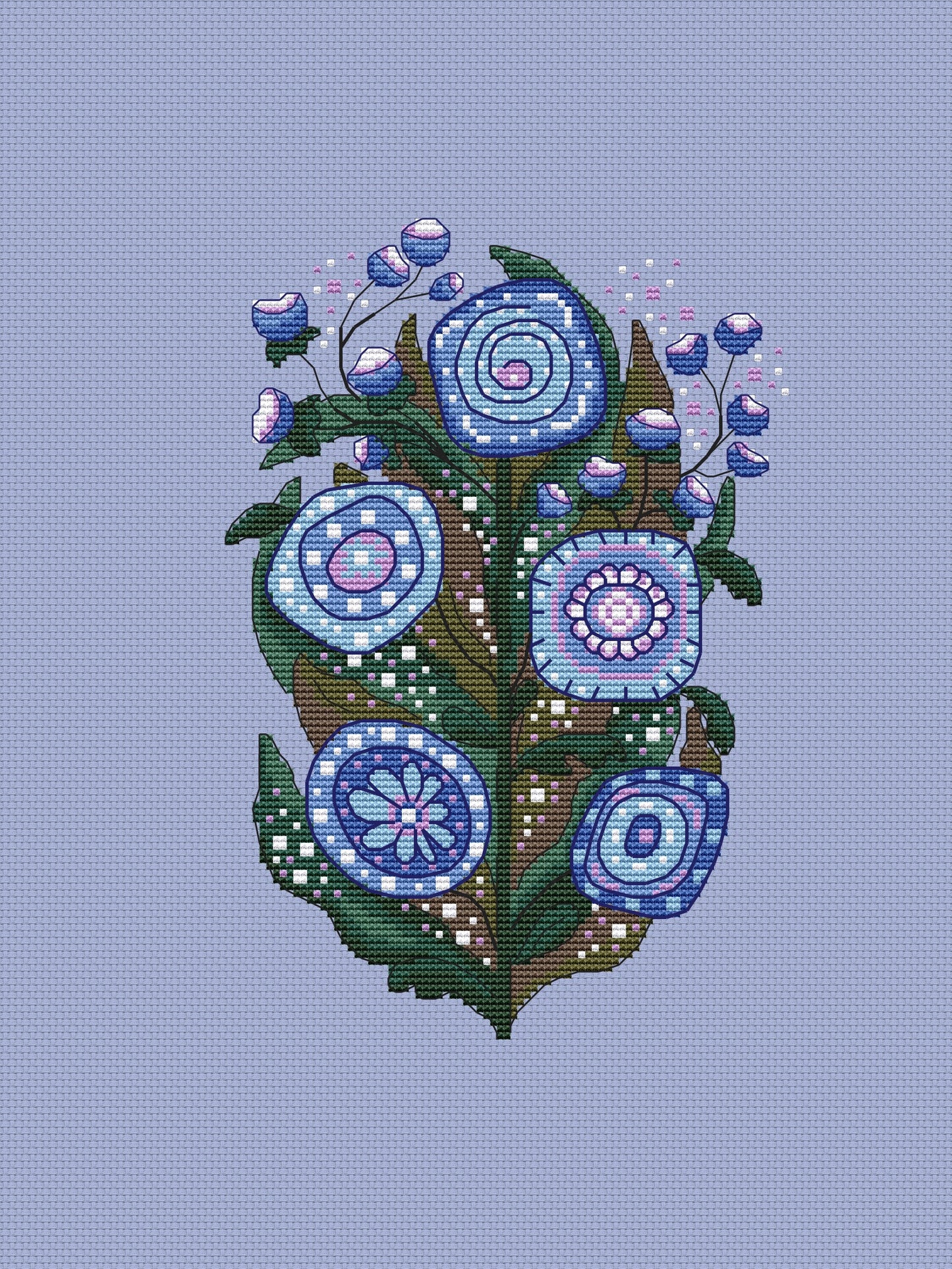 blue folk flowers cross stitch pattern-2