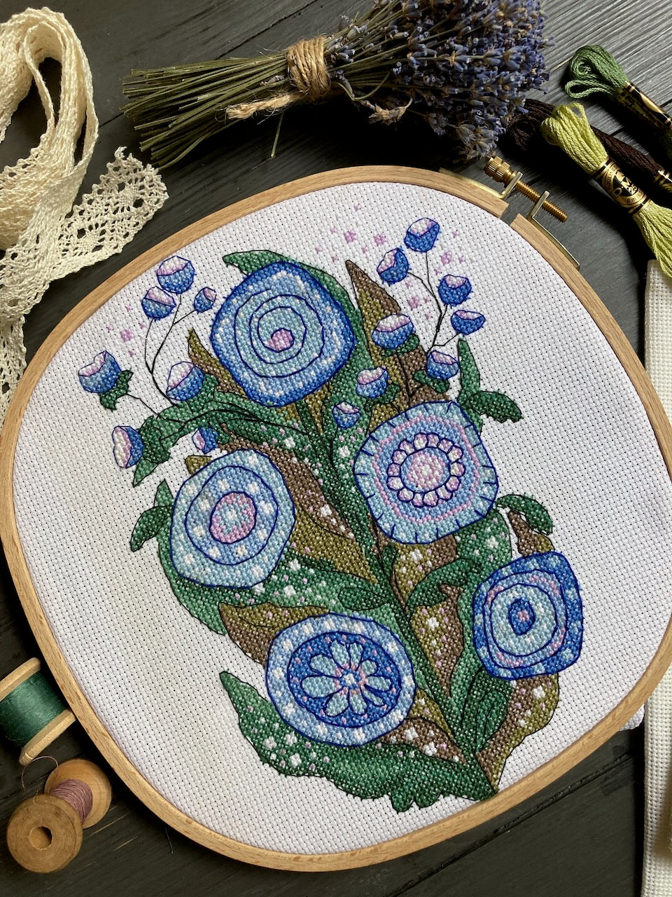 Blue flowers cross stitch-4