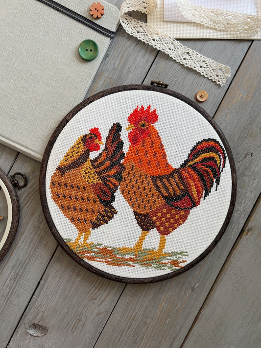 Brown Rooster and Hen - cross stitch pattern