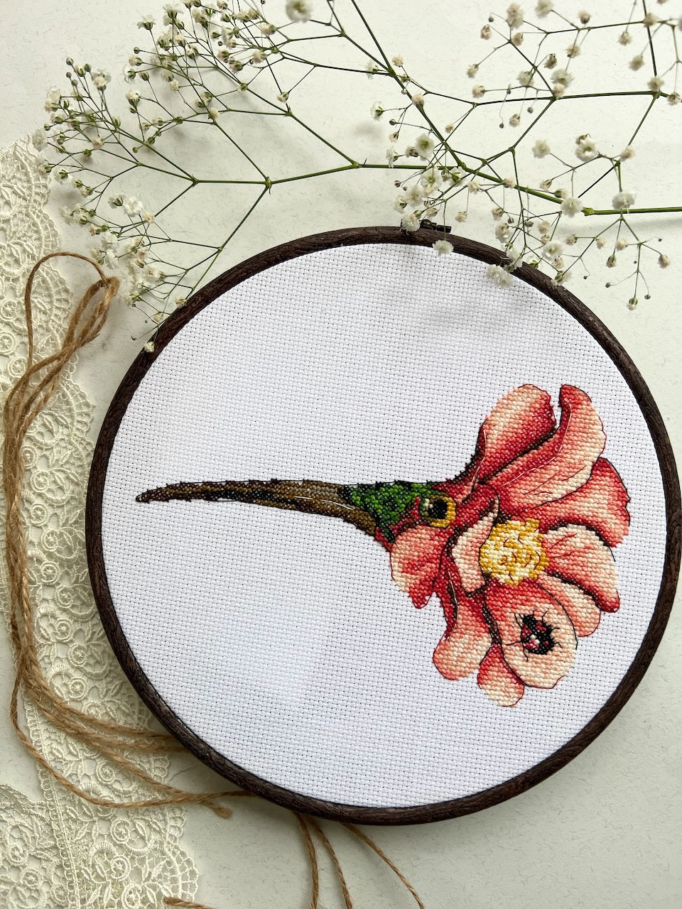 Bird flower with ladybug - cross stitch pattern