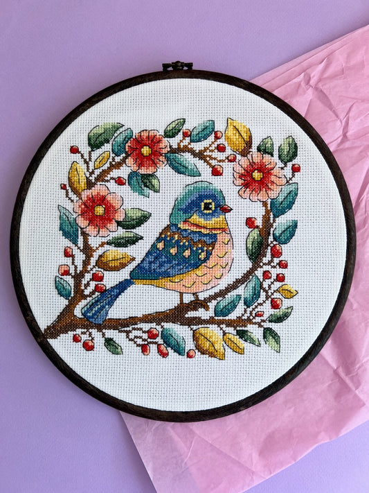 Blue bird with flowers - cross stitch pattern