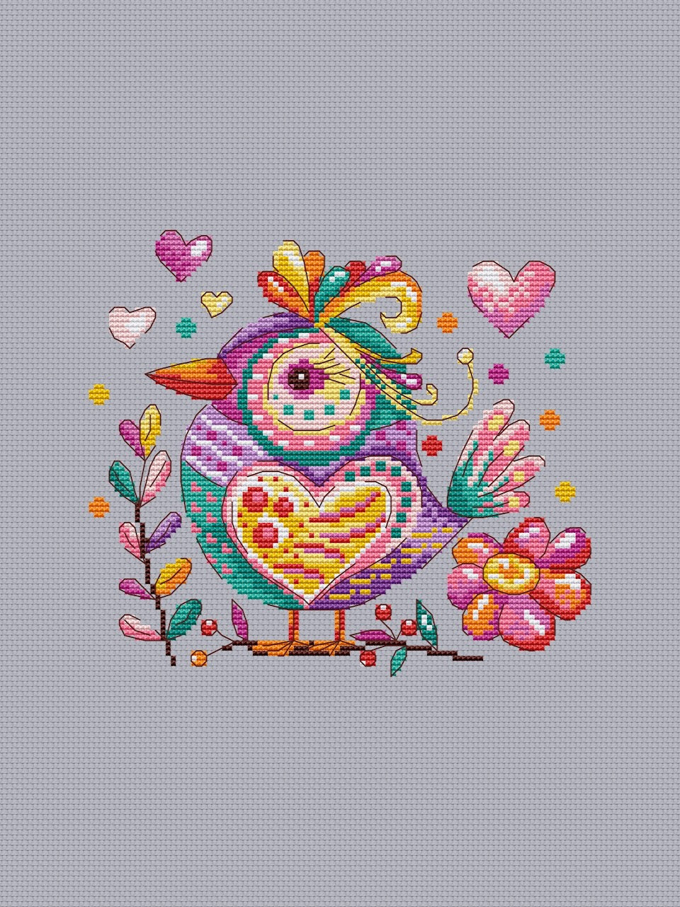 Candy bird Heart - cross stitch pattern