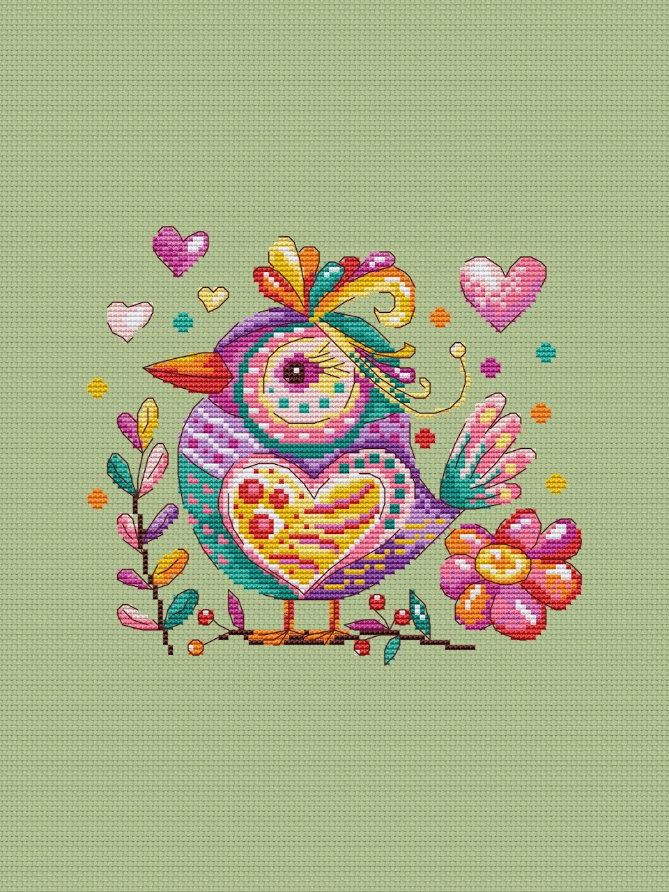 Candy bird Heart - cross stitch pattern