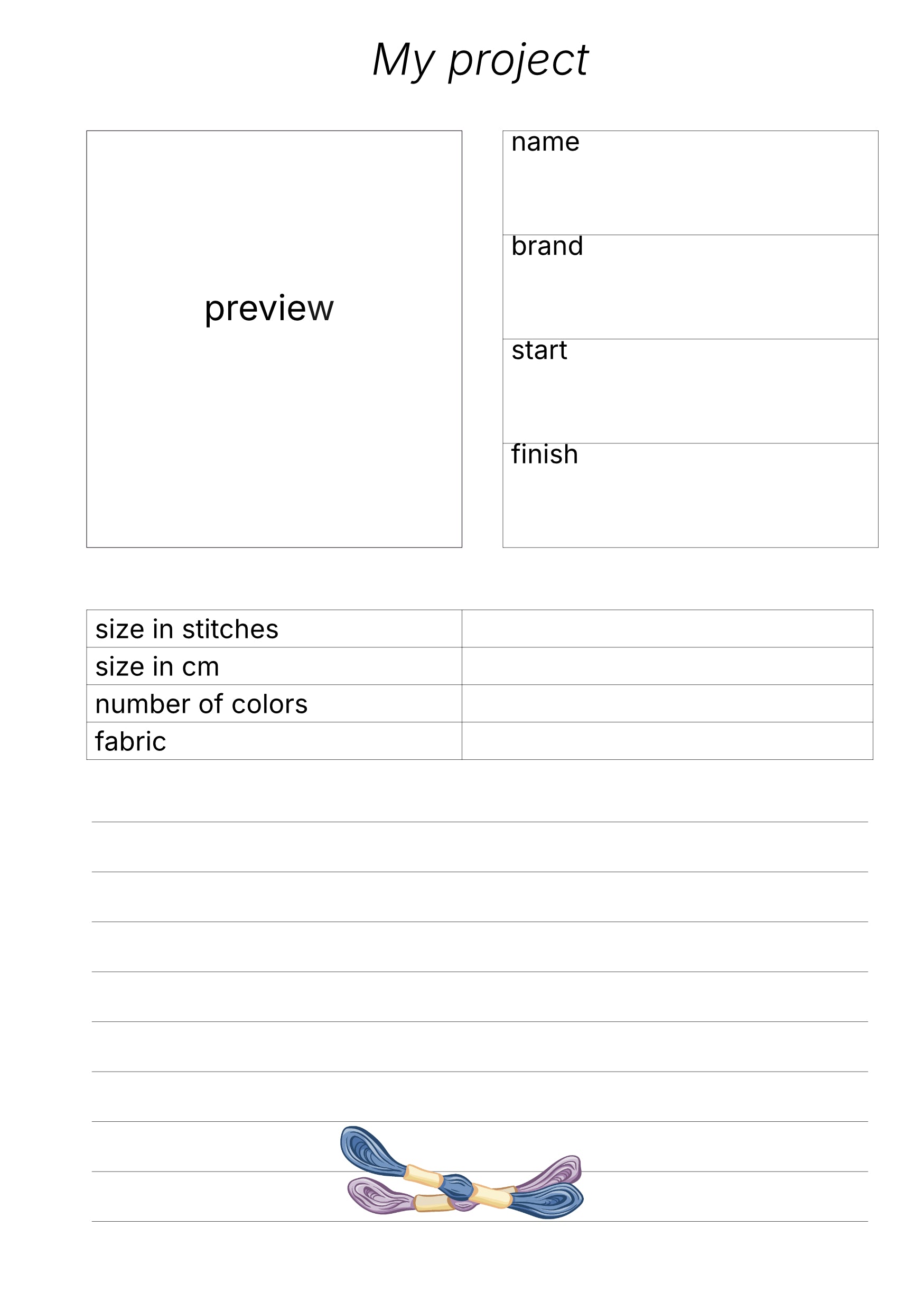 Template for project planning with fields for name, brand, start, finish, size in stitches, size in cm, number of colors, and fabric.