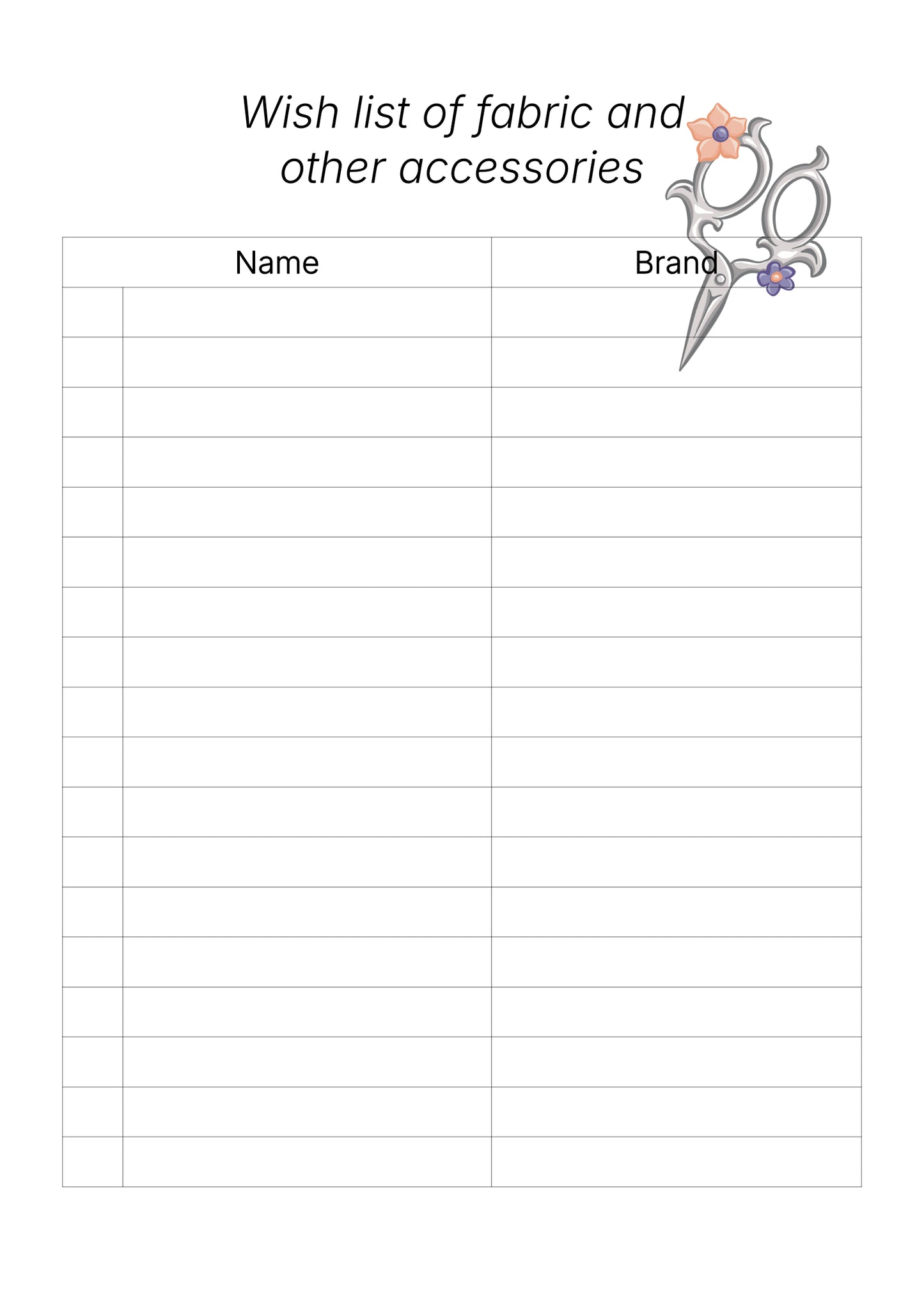 Blank wish list sheet for fabric and accessories with a pair of scissors icon at the top your wish list