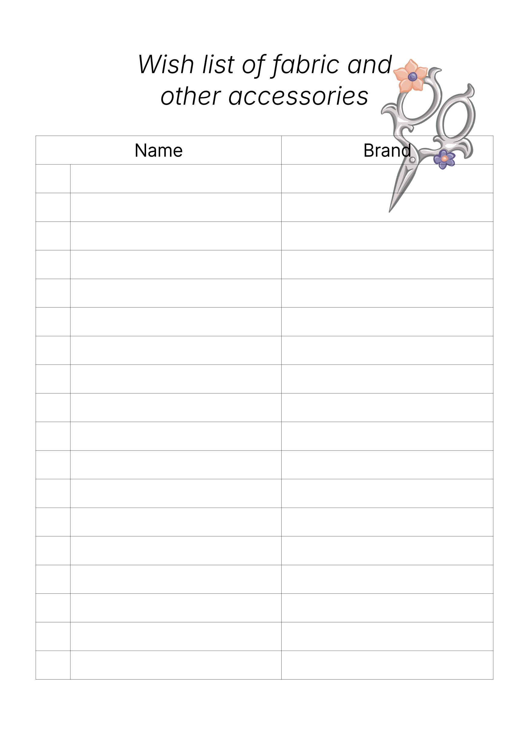Blank wish list sheet for fabric and accessories with a pair of scissors icon at the top your wish list
