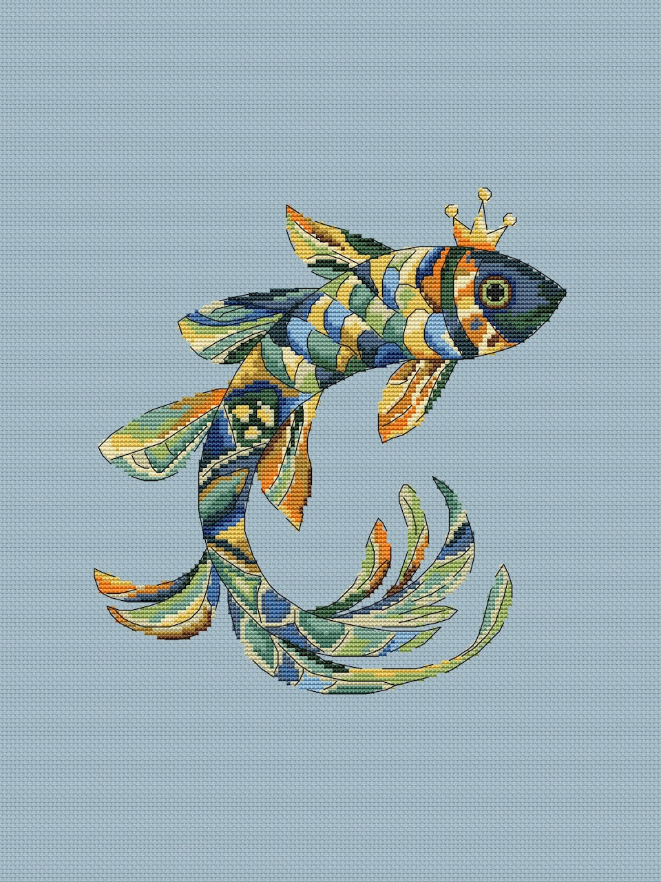 Colorful fish with a crown on a blue cross-stitch pattern