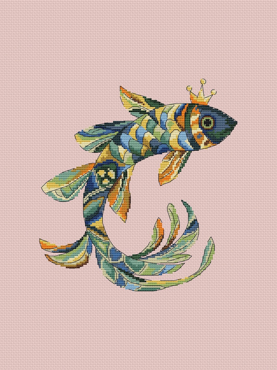 Colorful fish with a crown on a pink cross-stitch patterned background