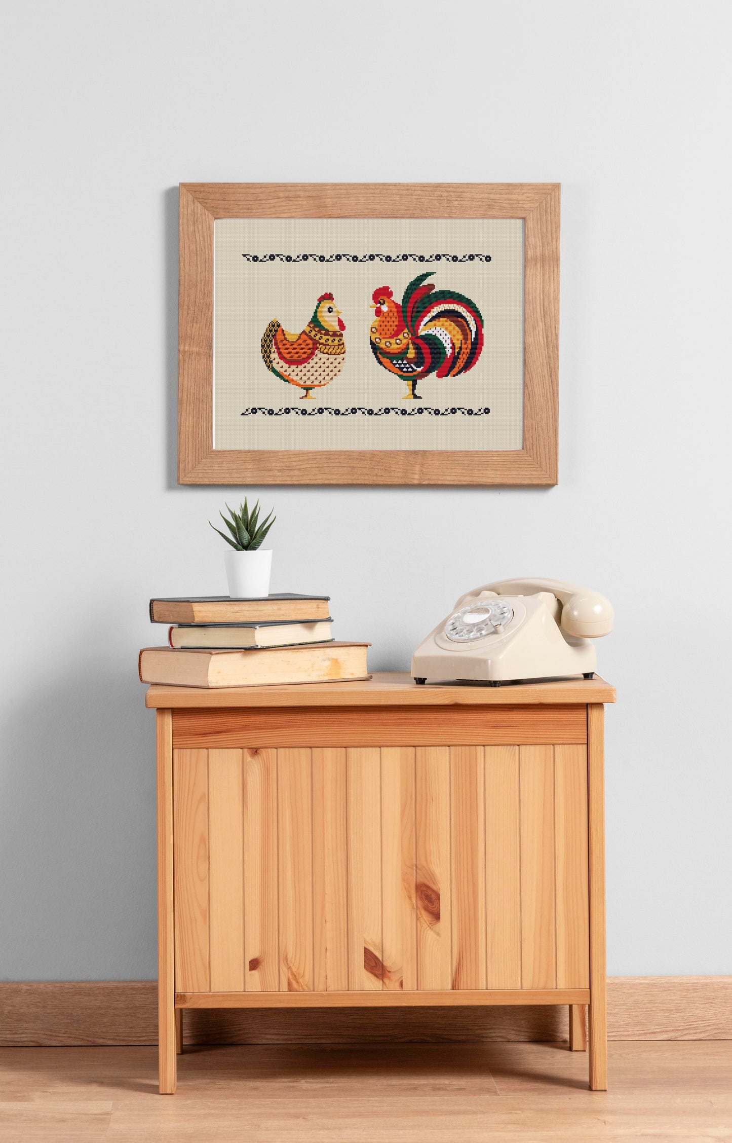 rooster and hen folk cross stitch pattern