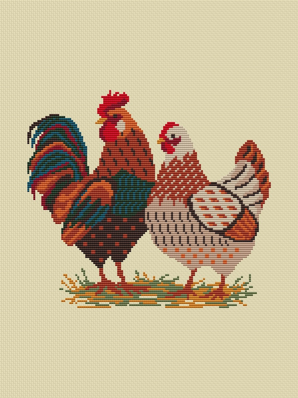 Farm Rooster and Hen - cross stitch pattern