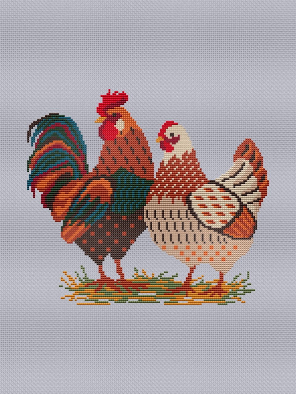Farm Rooster and Hen - cross stitch pattern