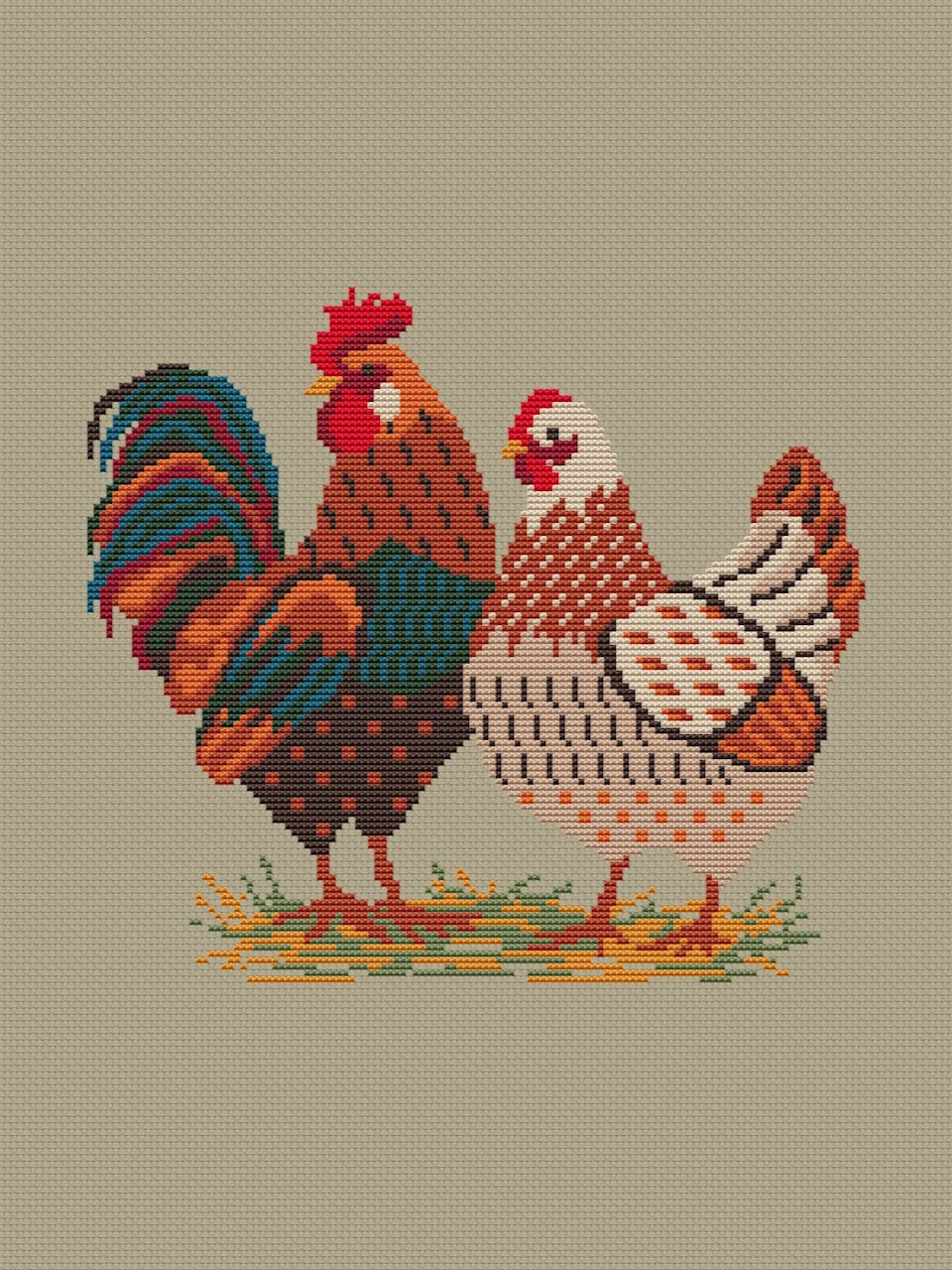 Farm Rooster and Hen - cross stitch pattern