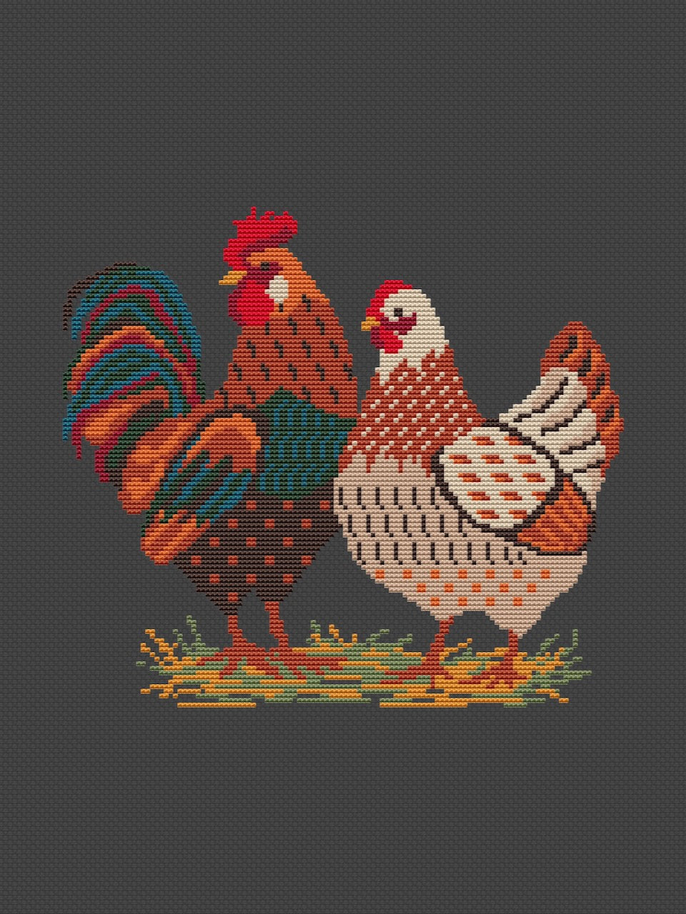 Farm Rooster and Hen - cross stitch pattern
