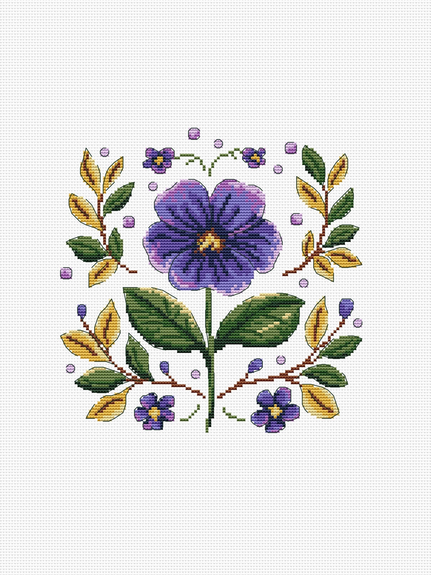 Cross-stitched design of a purple flower with green leaves on a white background