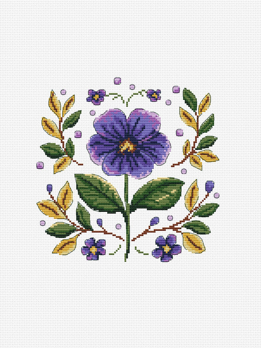 Cross-stitched design of a purple flower with green leaves on a white background